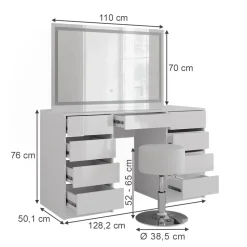 Schminktisch Sherry Weiß/Weiß Hochglanz 128.2 cm mit LED-Spiegel und Hocker Vicco
