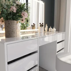 Schminktisch Sherry Weiß/Weiß Hochglanz 128.2 cm mit LED-Spiegel und Hocker Vicco