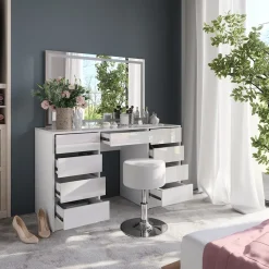 Schminktisch Sherry Weiß/Weiß Hochglanz 128.2 cm mit LED-Spiegel und Hocker Vicco