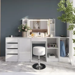 Schminktisch Sherry Weiß/Weiß Hochglanz 128.2 cm mit LED-Spiegel und Hocker Vicco