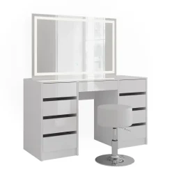 Schminktisch Sherry Weiß/Weiß Hochglanz 128.2 cm mit LED-Spiegel und Hocker Vicco