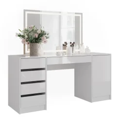 Schminktisch Sherry Weiß/Weiß Hochglanz 158.2 cm mit LED-Spiegel Vicco