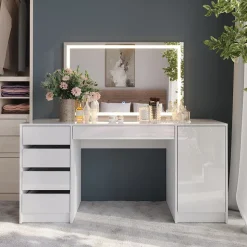 Schminktisch Sherry Weiß/Weiß Hochglanz 158.2 cm mit LED-Spiegel Vicco