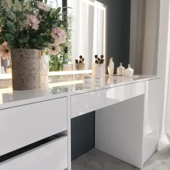 Schminktisch Sherry Weiß/Weiß Hochglanz 158.2 cm mit LED-Spiegel Vicco