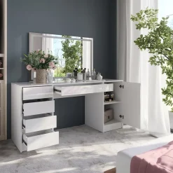 Schminktisch Sherry Weiß/Weiß Hochglanz 158.2 cm mit LED-Spiegel Vicco