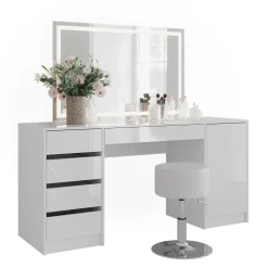 Schminktisch Sherry Weiß/Weiß Hochglanz 158.2 cm mit LED-Spiegel und Hocker Vicco