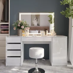 Schminktisch Sherry Weiß/Weiß Hochglanz 158.2 cm mit LED-Spiegel und Hocker Vicco