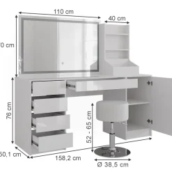 Schminktisch Sherry Weiß/Weiß Hochglanz 158.2 cm 4 Teile Vicco