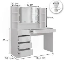 Schminktisch Sherry Weiß/Weiß Hochglanz 119.8 cm 5 Teile Vicco