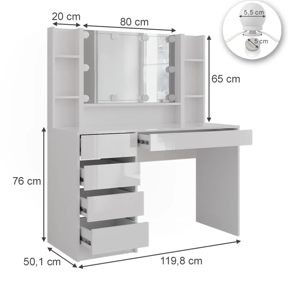 Schminktisch Sherry Weiß/Weiß Hochglanz 119.8 cm 5 Teile Vicco