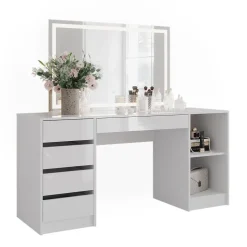 Schminktisch Sherry Weiß/Weiß Hochglanz 158.2 cm mit LED-Spiegel Vicco