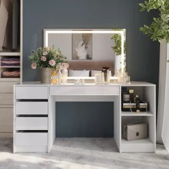 Schminktisch Sherry Weiß/Weiß Hochglanz 158.2 cm mit LED-Spiegel Vicco