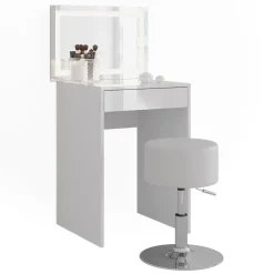 Schminktisch Sherry Weiß/Weiß Hochglanz 51.4 cm mit LED-Spiegel und Hocker Vicco