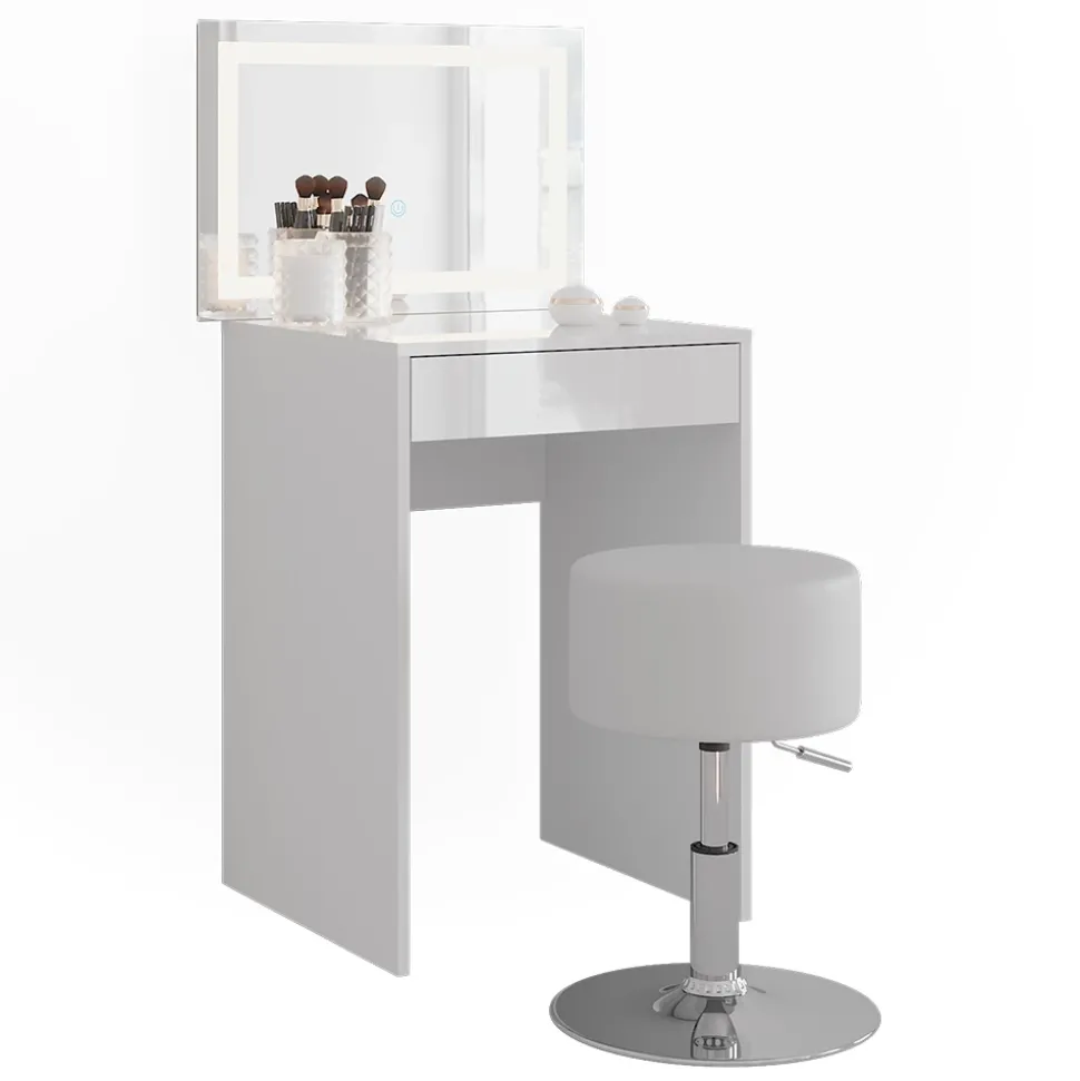 Schminktisch Sherry Weiß/Weiß Hochglanz 51.4 cm mit LED-Spiegel und Hocker Vicco