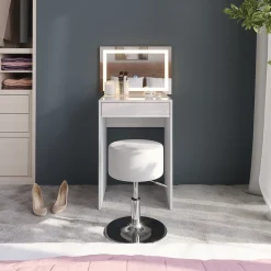 Schminktisch Sherry Weiß/Weiß Hochglanz 51.4 cm mit LED-Spiegel und Hocker Vicco