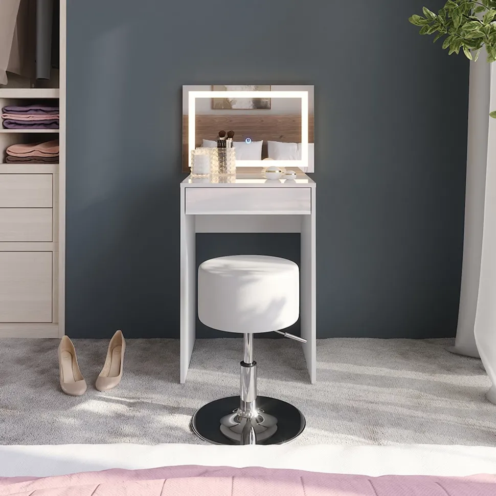 Schminktisch Sherry Weiß/Weiß Hochglanz 51.4 cm mit LED-Spiegel und Hocker Vicco