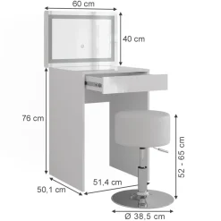 Schminktisch Sherry Weiß/Weiß Hochglanz 51.4 cm mit LED-Spiegel und Hocker Vicco