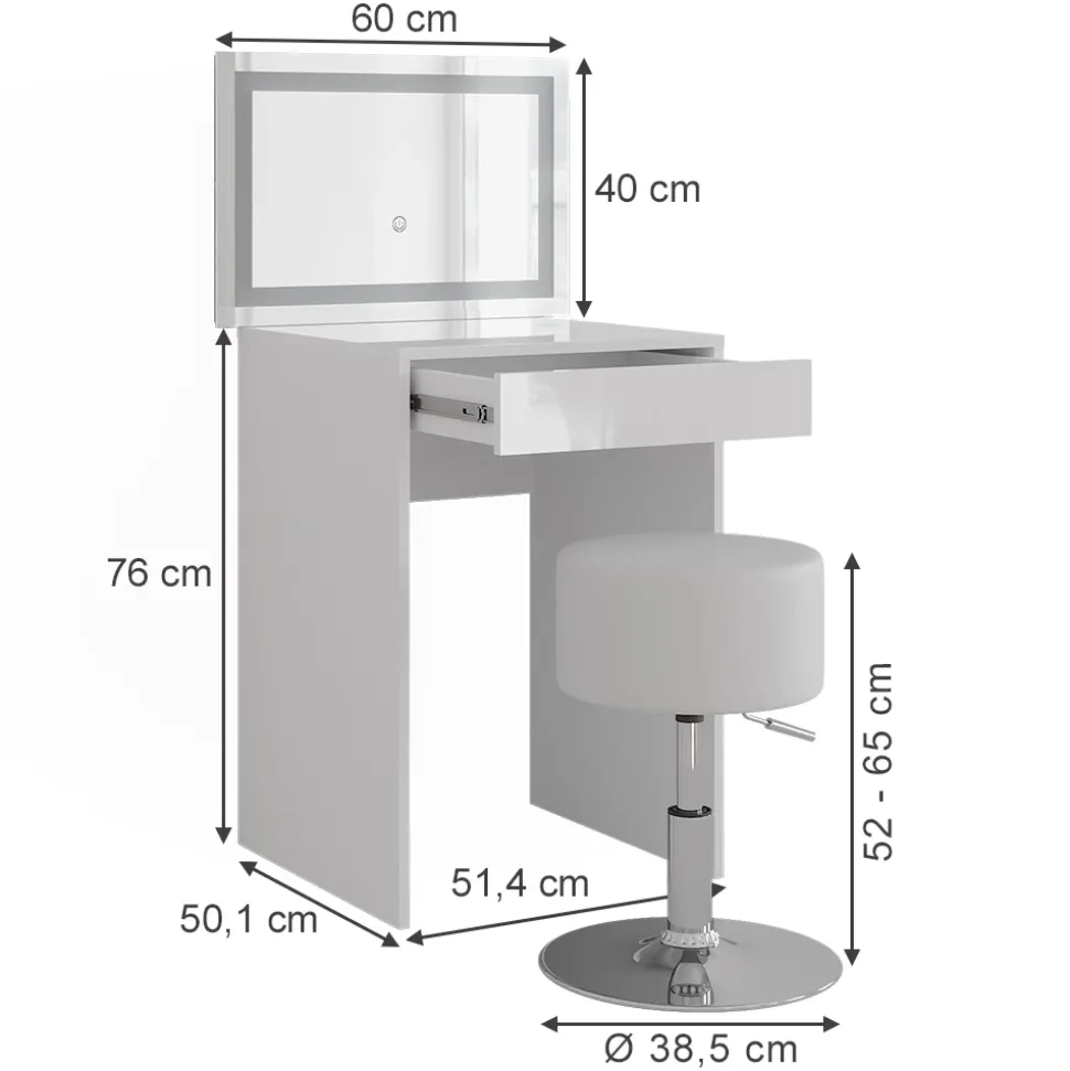 Schminktisch Sherry Weiß/Weiß Hochglanz 51.4 cm mit LED-Spiegel und Hocker Vicco