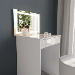 Schminktisch Sherry Weiß/Weiß Hochglanz 51.4 cm mit LED-Spiegel und Hocker Vicco