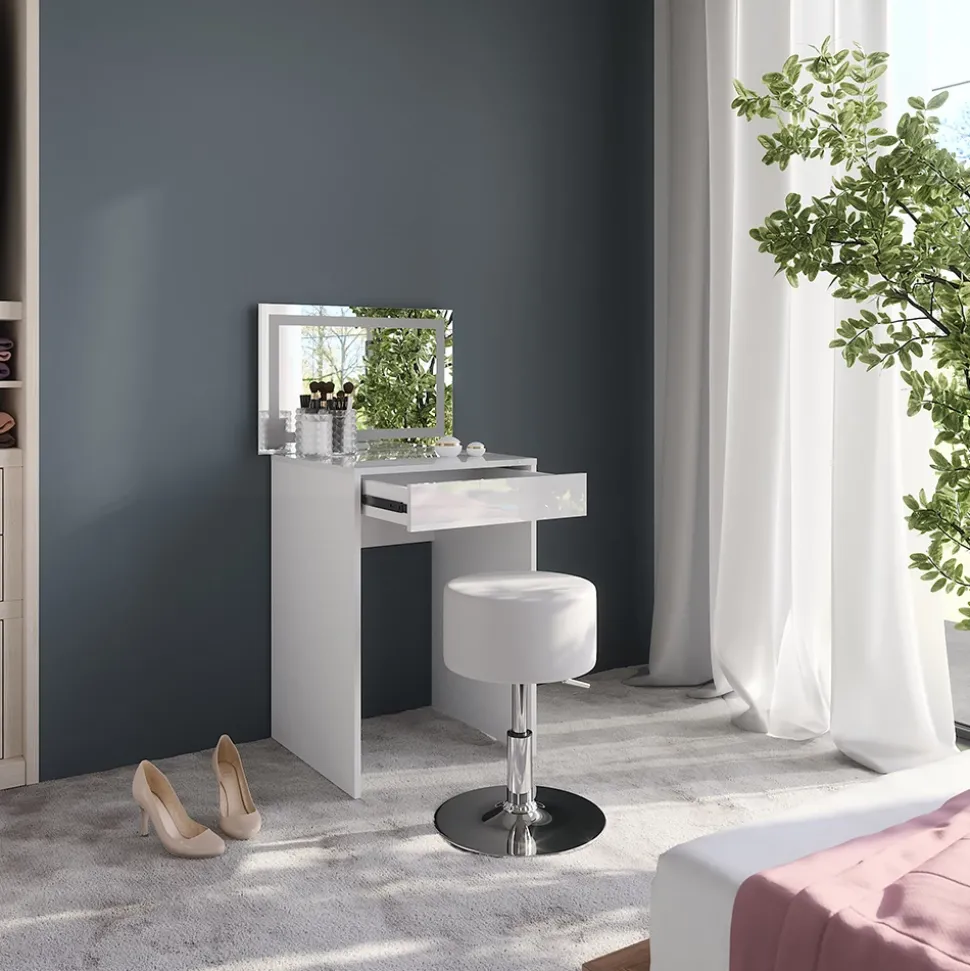 Schminktisch Sherry Weiß/Weiß Hochglanz 51.4 cm mit LED-Spiegel und Hocker Vicco
