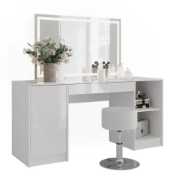 Schminktisch Sherry Weiß/Weiß Hochglanz 158.2 cm mit LED-Spiegel und Hocker Vicco