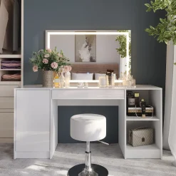 Schminktisch Sherry Weiß/Weiß Hochglanz 158.2 cm mit LED-Spiegel und Hocker Vicco