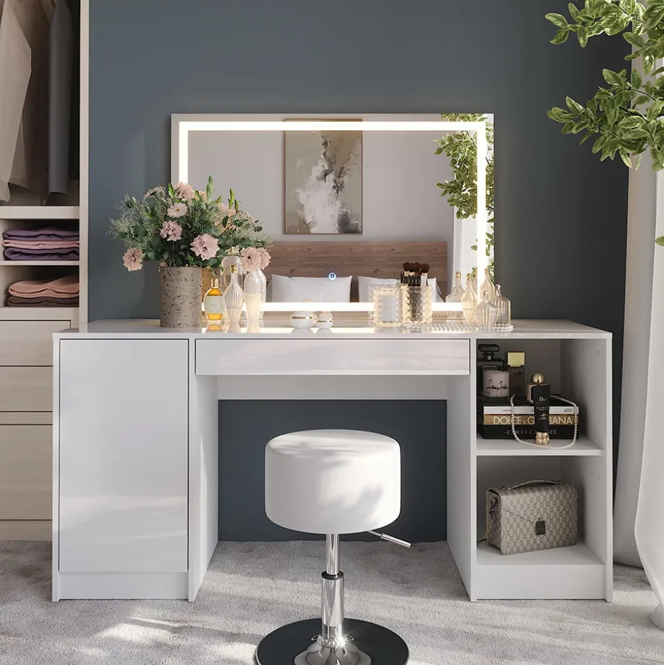 Schminktisch Sherry Weiß/Weiß Hochglanz 158.2 cm mit LED-Spiegel und Hocker Vicco