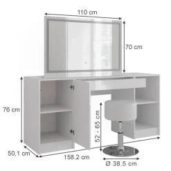 Schminktisch Sherry Weiß/Weiß Hochglanz 158.2 cm mit LED-Spiegel und Hocker Vicco