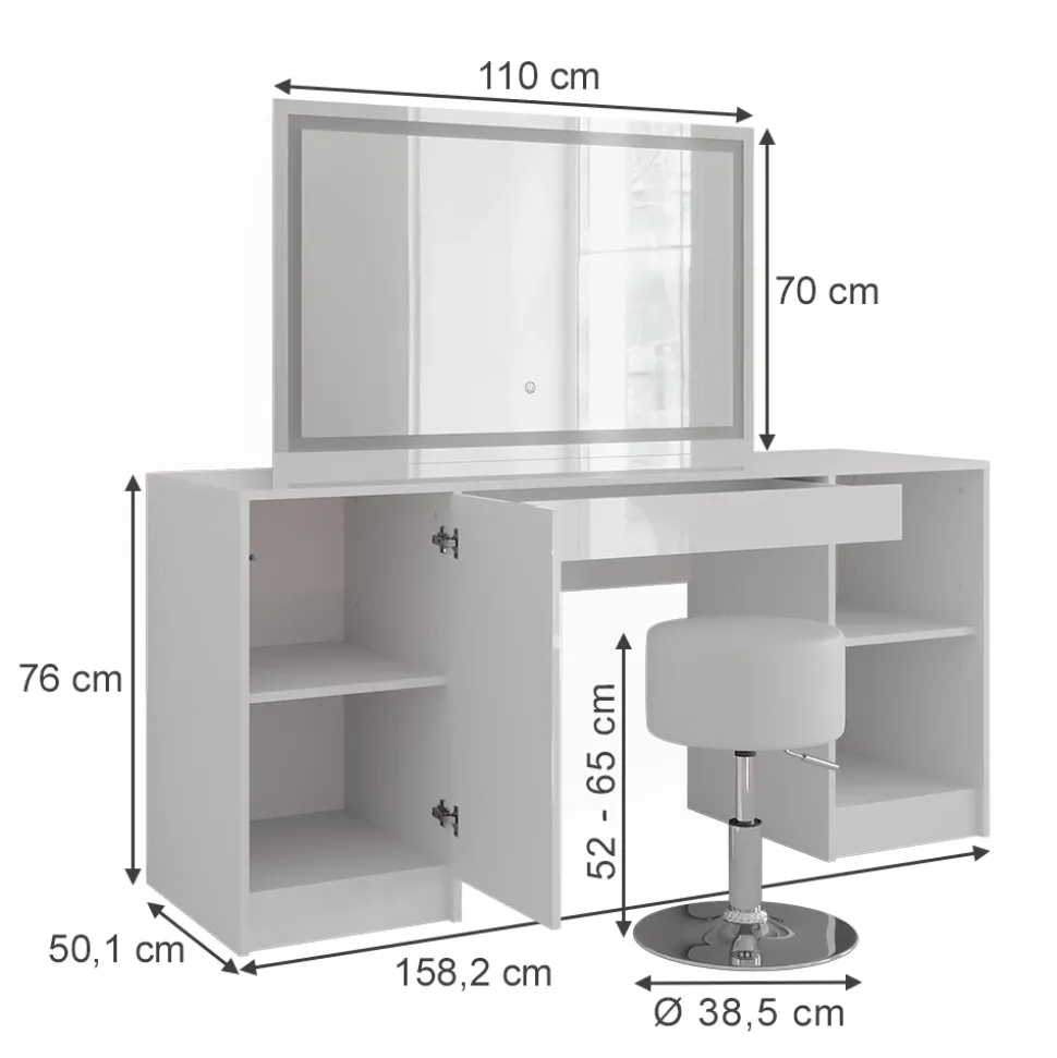 Schminktisch Sherry Weiß/Weiß Hochglanz 158.2 cm mit LED-Spiegel und Hocker Vicco
