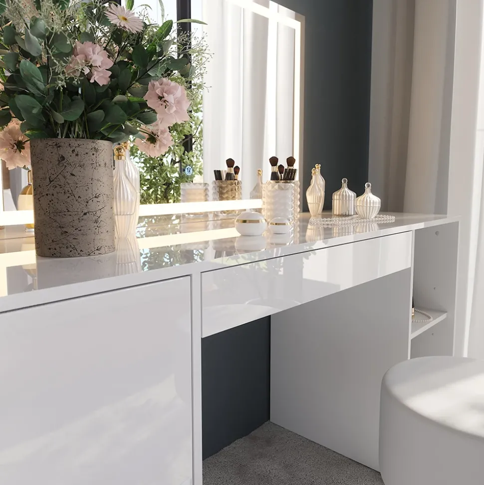 Schminktisch Sherry Weiß/Weiß Hochglanz 158.2 cm mit LED-Spiegel und Hocker Vicco