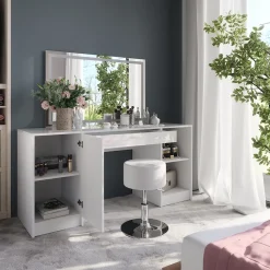Schminktisch Sherry Weiß/Weiß Hochglanz 158.2 cm mit LED-Spiegel und Hocker Vicco