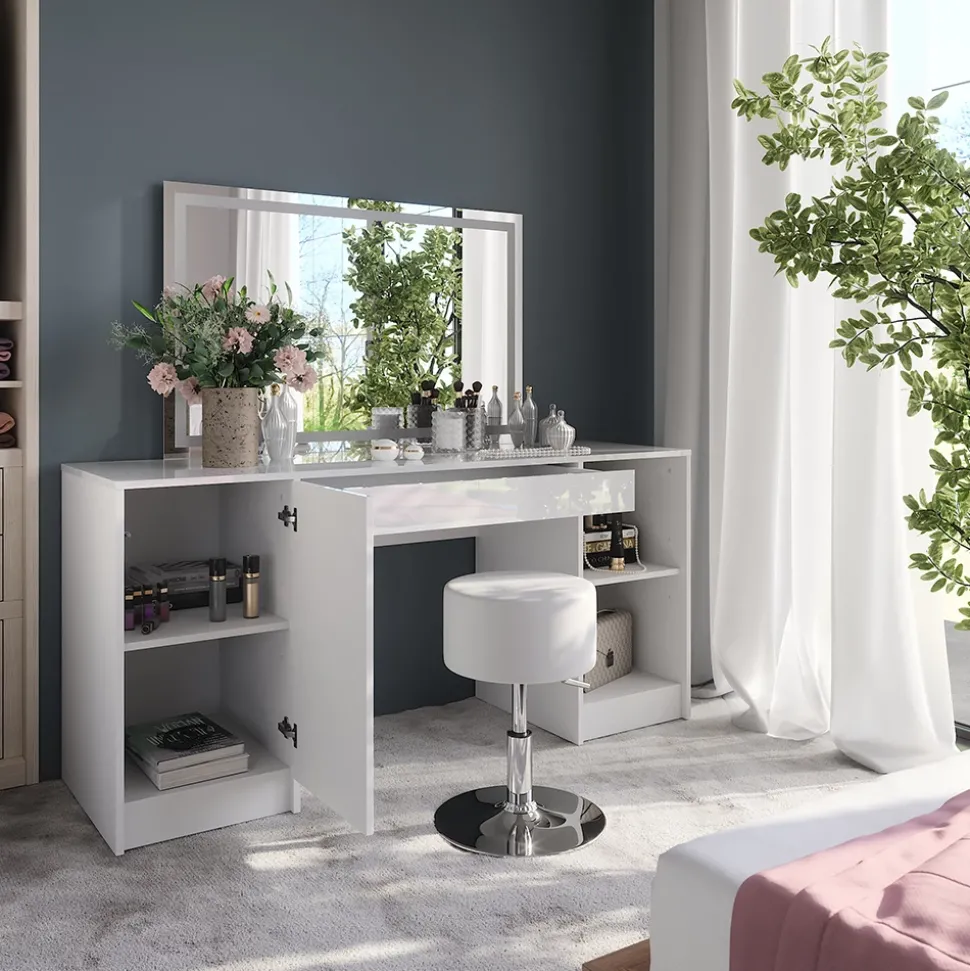 Schminktisch Sherry Weiß/Weiß Hochglanz 158.2 cm mit LED-Spiegel und Hocker Vicco