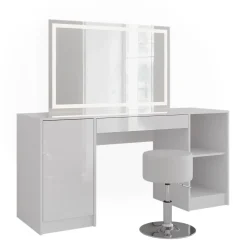 Schminktisch Sherry Weiß/Weiß Hochglanz 158.2 cm mit LED-Spiegel und Hocker Vicco