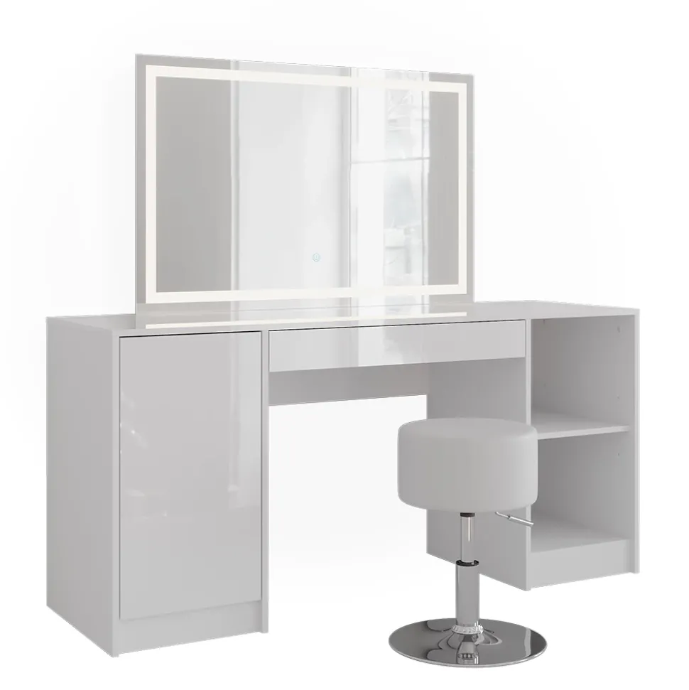 Schminktisch Sherry Weiß/Weiß Hochglanz 158.2 cm mit LED-Spiegel und Hocker Vicco