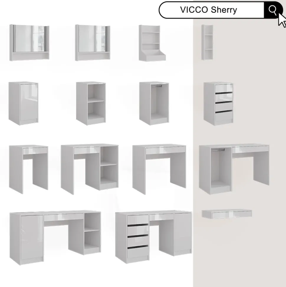 Schminktisch Sherry Weiß/Weiß Hochglanz 158.2 cm mit LED-Spiegel und Hocker Vicco