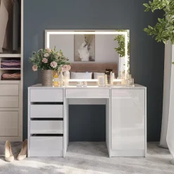 Schminktisch Sherry Weiß/Weiß Hochglanz 128.2 cm mit LED-Spiegel Vicco