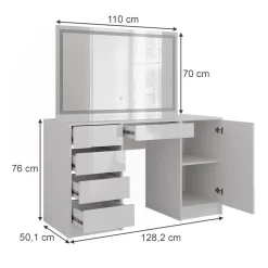Schminktisch Sherry Weiß/Weiß Hochglanz 128.2 cm mit LED-Spiegel Vicco