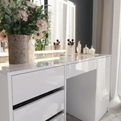 Schminktisch Sherry Weiß/Weiß Hochglanz 128.2 cm mit LED-Spiegel Vicco