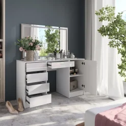 Schminktisch Sherry Weiß/Weiß Hochglanz 128.2 cm mit LED-Spiegel Vicco