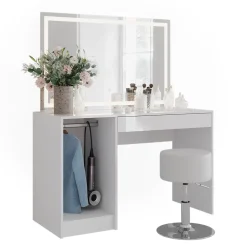 Schminktisch Sherry Weiß/Weiß Hochglanz 119.8 cm mit LED-Beleuchtung und Hocker Vicco
