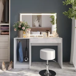 Schminktisch Sherry Weiß/Weiß Hochglanz 119.8 cm mit LED-Beleuchtung und Hocker Vicco