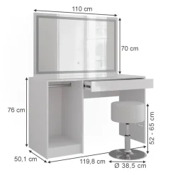 Schminktisch Sherry Weiß/Weiß Hochglanz 119.8 cm mit LED-Beleuchtung und Hocker Vicco