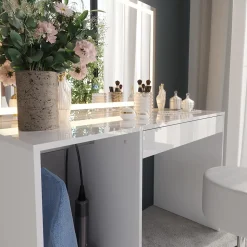 Schminktisch Sherry Weiß/Weiß Hochglanz 119.8 cm mit LED-Beleuchtung und Hocker Vicco