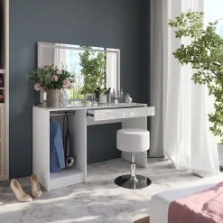 Schminktisch Sherry Weiß/Weiß Hochglanz 119.8 cm mit LED-Beleuchtung und Hocker Vicco