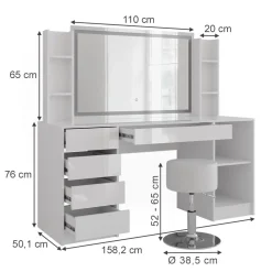 Schminktisch Sherry Weiß/Weiß Hochglanz 158.2 cm 5 Teile Vicco