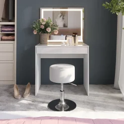 Schminktisch Sherry Weiß/Weiß Hochglanz 81.4 cm mit LED-Spiegel und Hocker Vicco