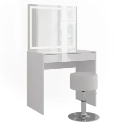 Schminktisch Sherry Weiß/Weiß Hochglanz 81.4 cm mit LED-Spiegel und Hocker Vicco