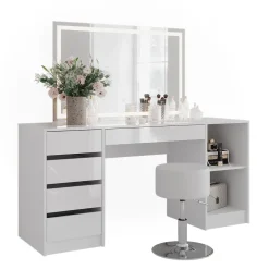 Schminktisch Sherry Weiß/Weiß Hochglanz 158.2 cm mit LED-Spiegel und Hocker Vicco