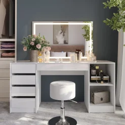 Schminktisch Sherry Weiß/Weiß Hochglanz 158.2 cm mit LED-Spiegel und Hocker Vicco