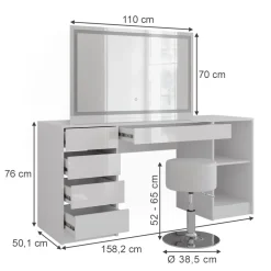 Schminktisch Sherry Weiß/Weiß Hochglanz 158.2 cm mit LED-Spiegel und Hocker Vicco